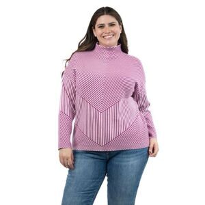 Tahari White Pink White Chevron Striped Sweater 2X NWT Mock Neck Relaxed Fit